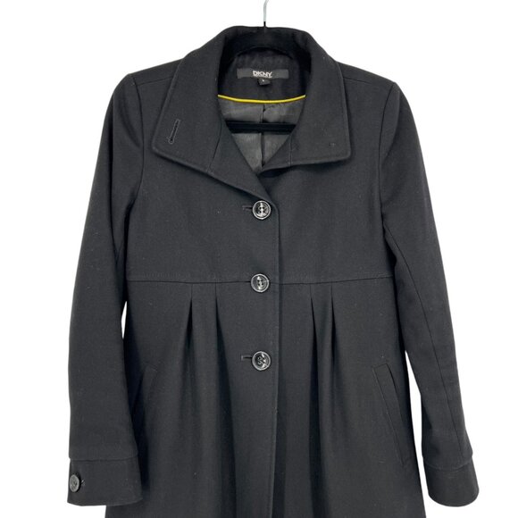 DKNY Wool Blend Peplum Style Mid-Length Classic Coat Black Size 2 - Picture 2 of 12